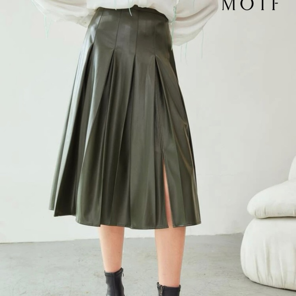 NWOT Shein MOTF Dark Green Midi Leather Pleat Skirt with Side Slit